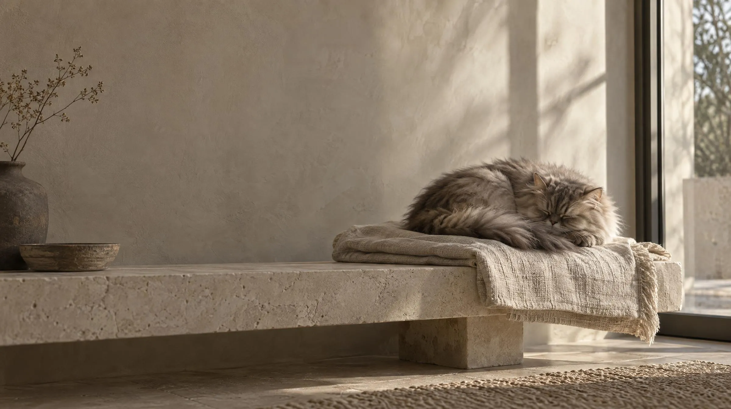 A long-haired cat asleep on a linen throw in late-afternoon light