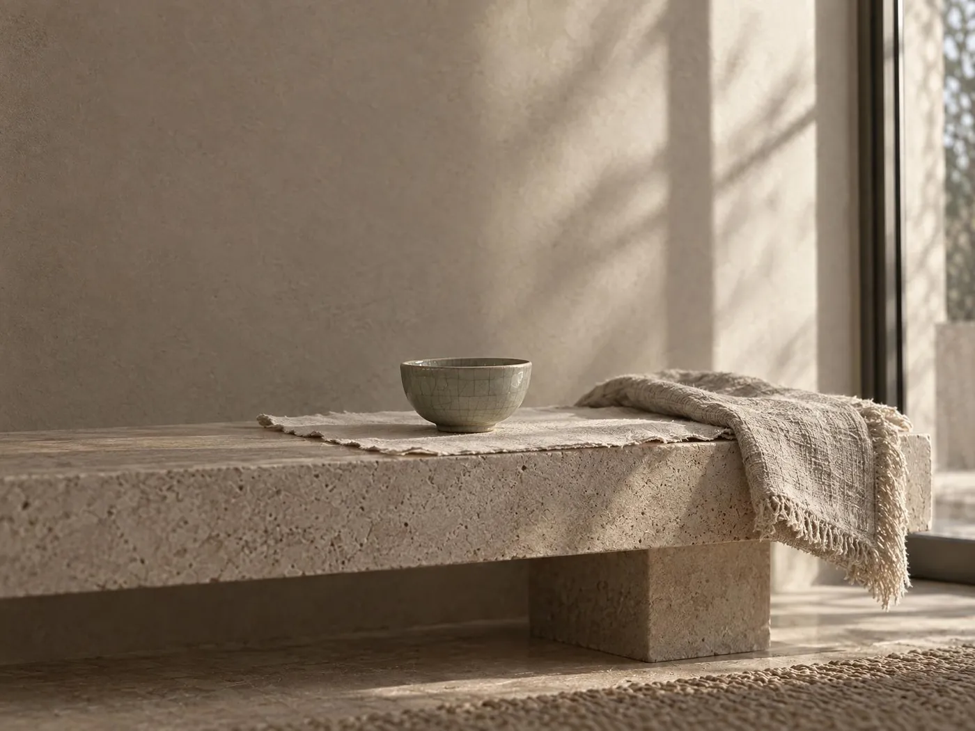 A celadon bowl on handmade paper on a stone bench