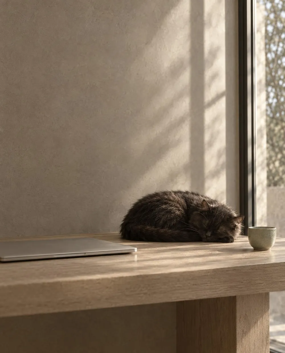 A dark cat asleep on an oak desk beside a closed laptop