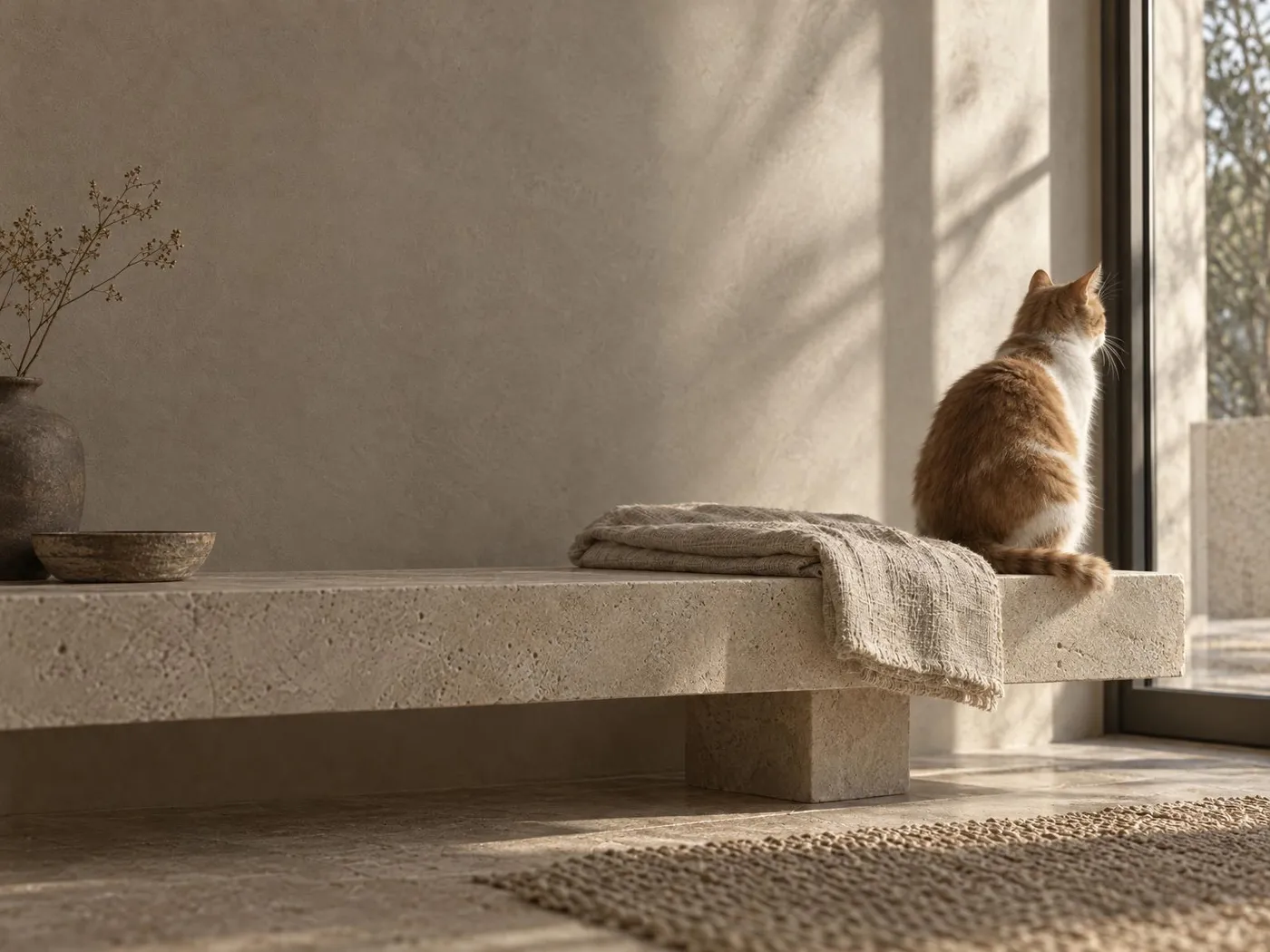 A white-and-ginger cat on a stone bench, looking out of the window